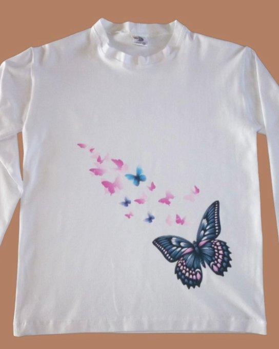 Tee-shirt Fille manche courte ou longue Blanc Canopé Papillons 